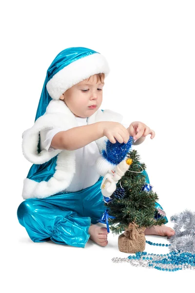 Cute little kid decorating Christmas tree — Stock Photo, Image