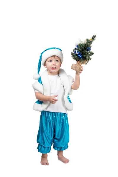 Little Santa holding a Christmas tree in his hand — Stock Photo, Image