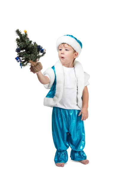 Little boy holding a Christmas tree in his hand — Stock Photo, Image