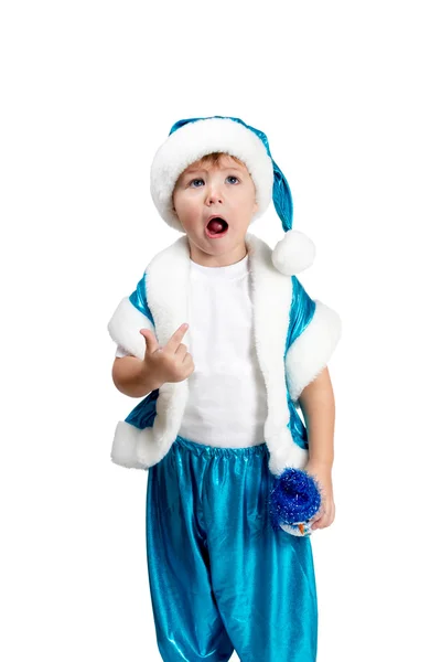 Kid Santa points to your open mouth — Stock Photo, Image