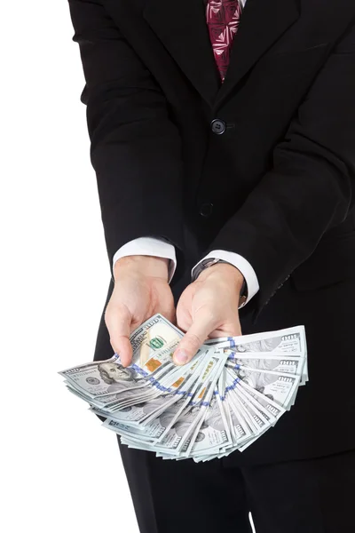 Men hands hold dollars as fan — Stock Photo, Image