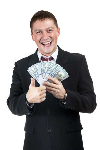 Feliz hombre de negocios sosteniendo billetes de dólar — Foto de Stock