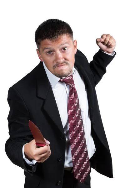 Zły, biznesmen grozić z nożem — Zdjęcie stockowe