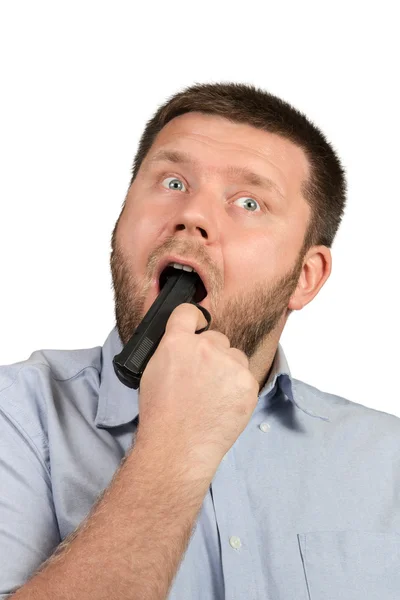 Man met geweer in zijn mond — Stockfoto