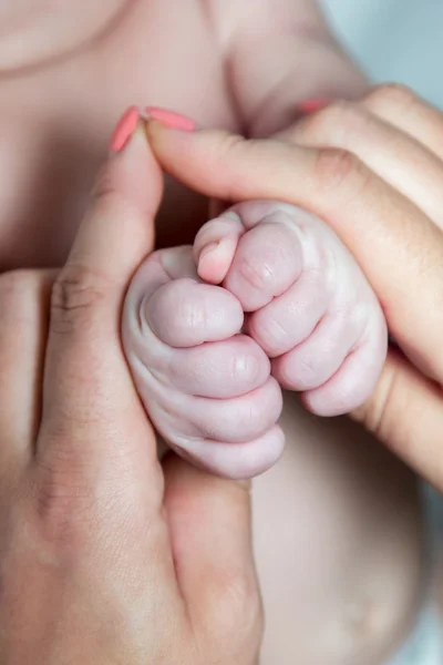 Newborn baby holding mothers finger — Stock Photo, Image