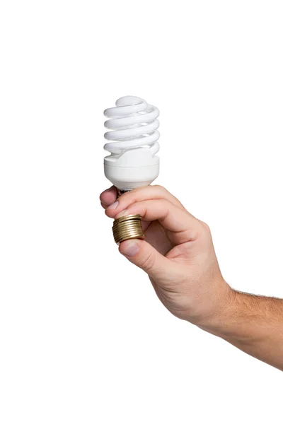 Lâmpada de poupança de energia na mão masculina — Fotografia de Stock