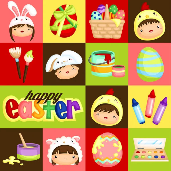 Čtvereček velikonoční děti a velikonoční vajíčka — Stockový vektor