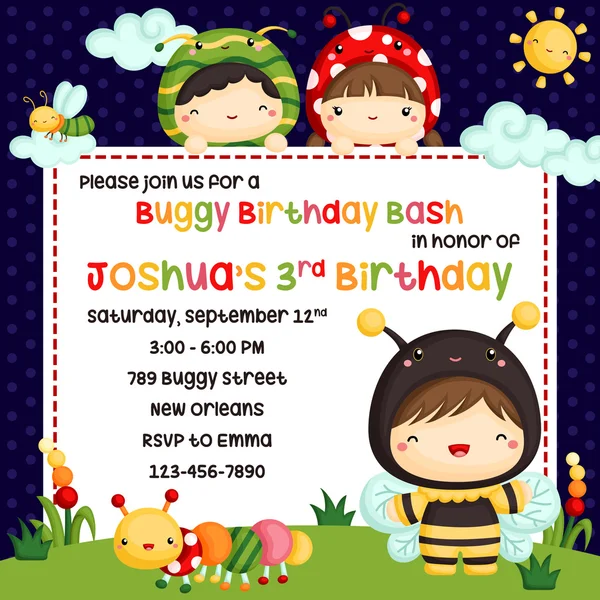 Kids Bugs Costume Birthday Invitation — Stock Vector