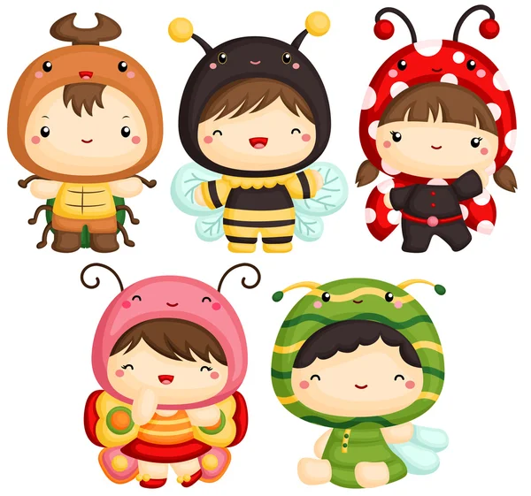 Boys and Girls in Insect Cute Costume - Stok Vektor