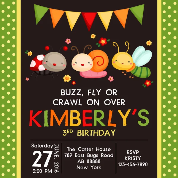 Carino Bugs Compleanno invito Card — Vettoriale Stock