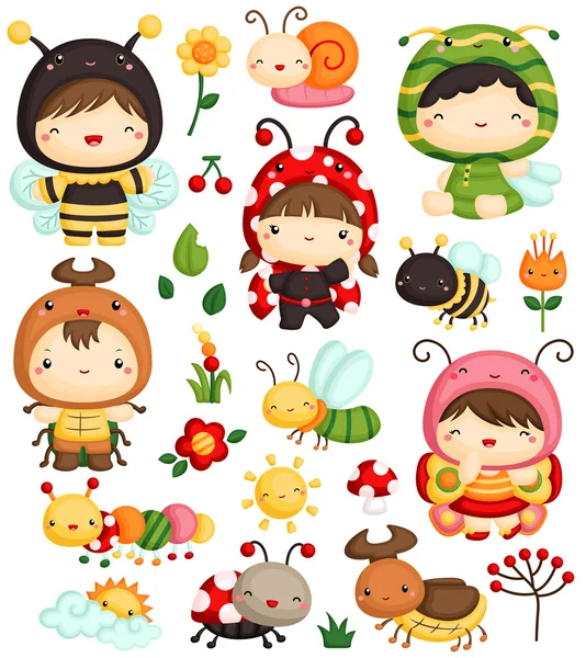 Kids in Bugs Costume Vector Set — Stock Vector