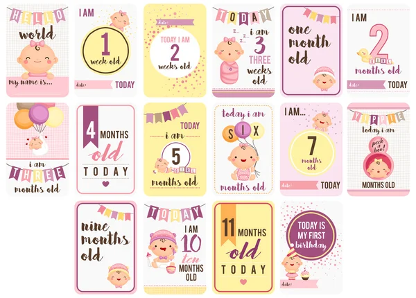 Baby Girl Weeks and Months Cards — Stock Vector