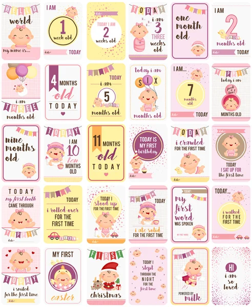 Baby Girl Milestone Cards — Stock Vector