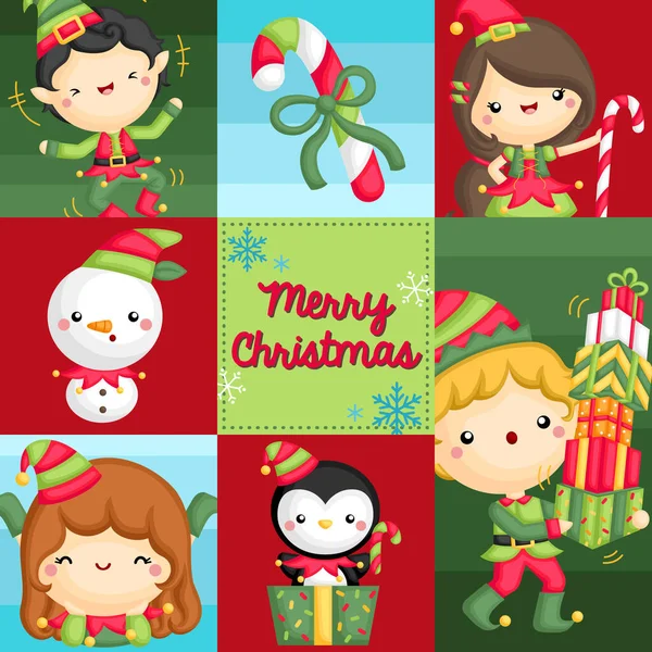 精灵服装中女孩和男孩的正方形组合庆祝圣诞节 — 图库矢量图片