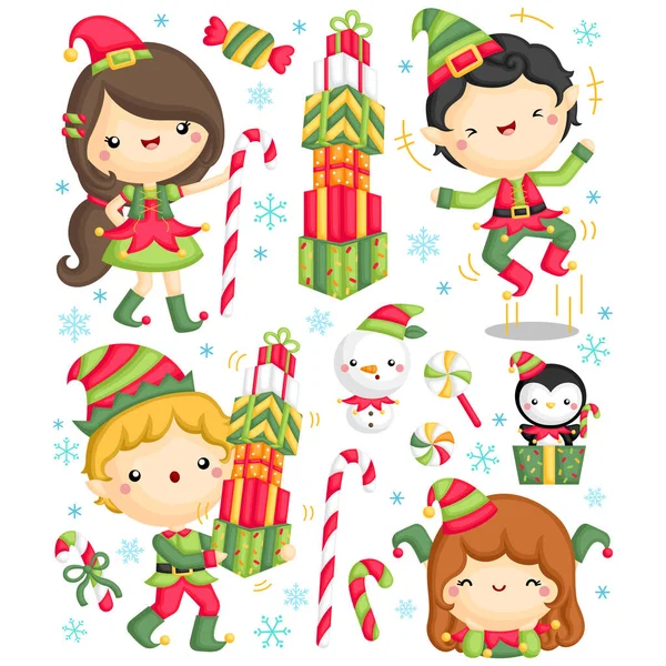 Ein Vektor Set Von Mädchen Und Jungen Elfenkostüm Feiert Weihnachten — Stockvektor