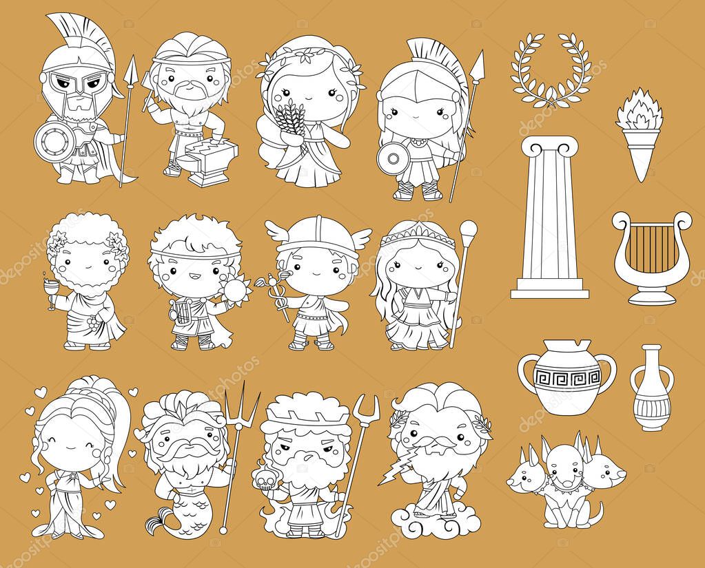 a vector of many Greek Gods in black and white colour
