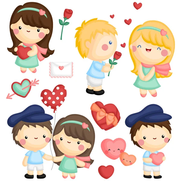 Vector Set Cute Girl Boy Showing Love Each Other - Stok Vektor