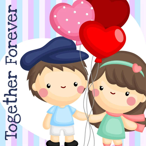 Vector Cute Girl Boy Holding Balloons Together Valentines Day - Stok Vektor