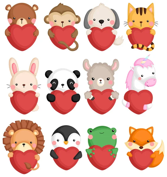 Conjunto Vectores Muchos Iconos Animales Que Sostienen Corazón — Archivo Imágenes Vectoriales