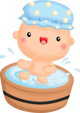 Tahta bir küvette duş alan bir oğlan.