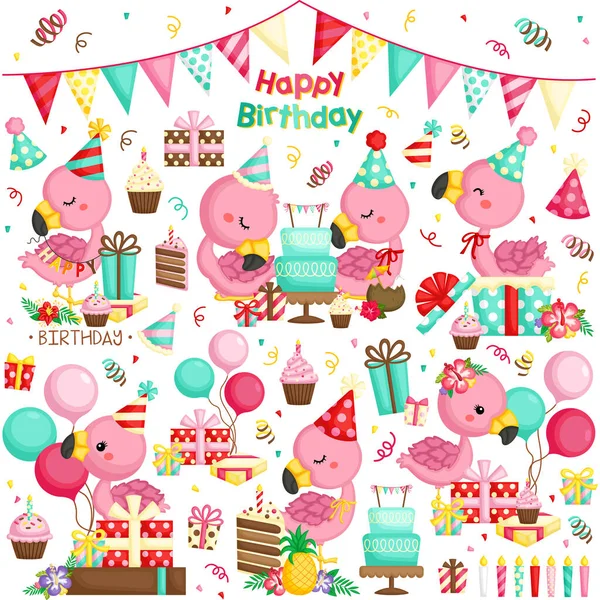 Een Vectorset Van Flamingo Verjaardagsviering Met Veel Cadeautjes — Stockvector