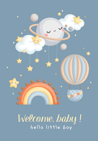 Simple Vector Baby Boy Rainbow Sky Tarjeta Bienvenida — Vector de stock