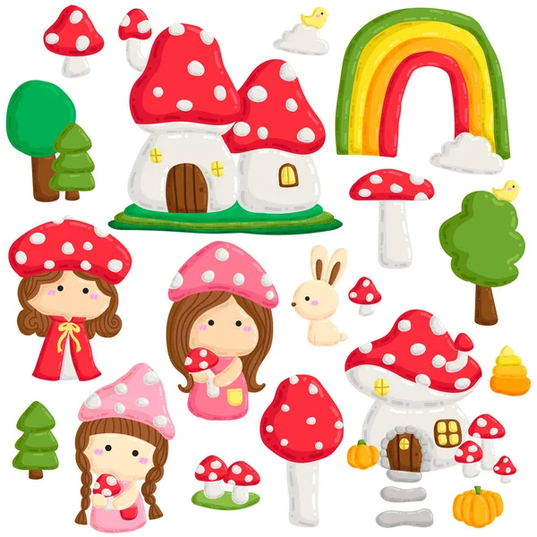 Cute Vector Fairy Forest Mushroom Houses Doodle — Stock Vector