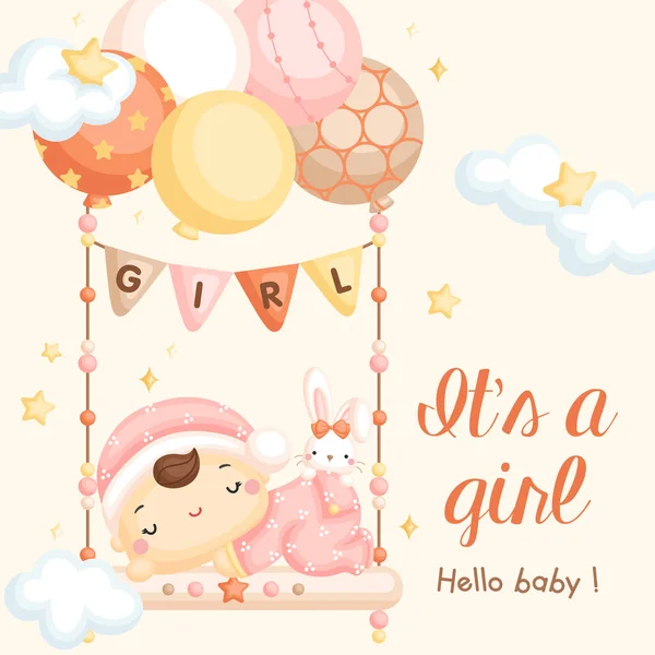 Cute Vector Baby Girl Arrival Card Balloons — Stock Vector