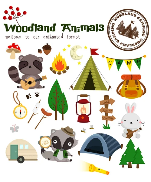 Woodland Camping Animal Vector Set — Archivo Imágenes Vectoriales