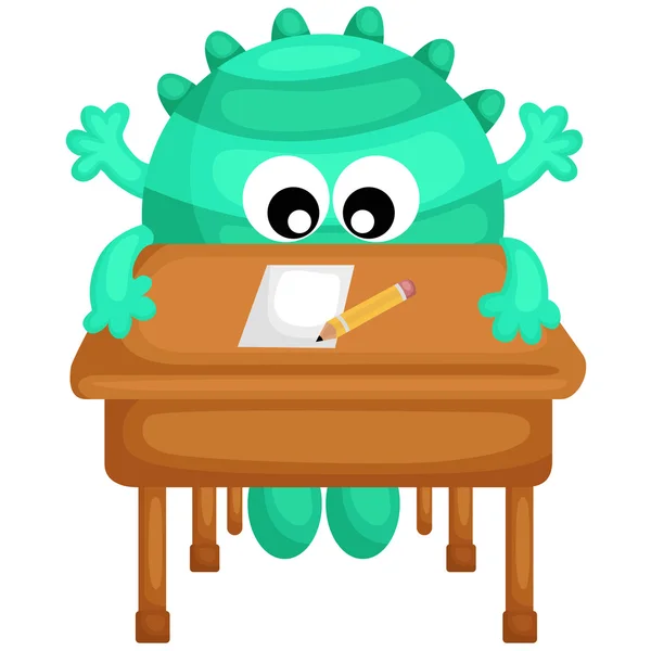 Monstruo verde en la escuela de mesa — Vector de stock