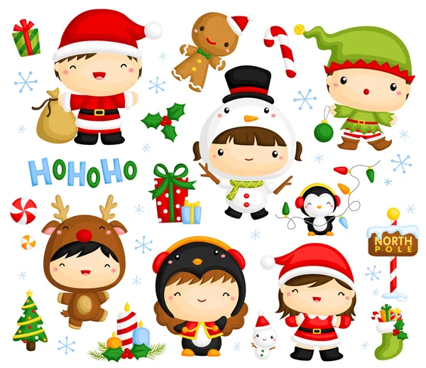 Lindos niños en traje de Navidad — Vector de stock