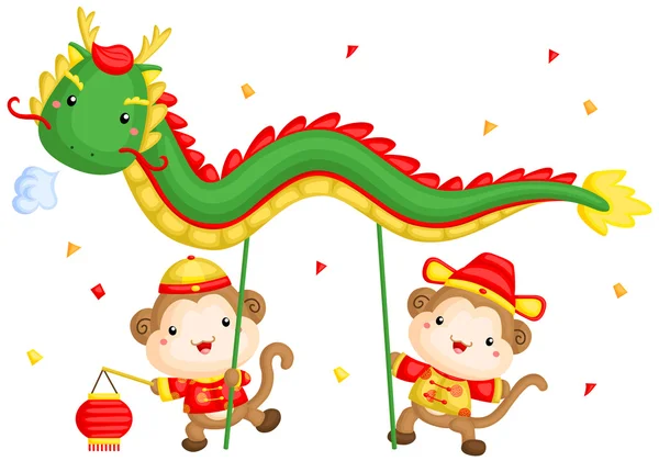 Monkey Chinese Dragon Dance Show — Stock Vector