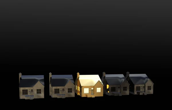 A casa dourada ilumina. Conceito de seguro de casa e hipoteca, renderização 3D — Fotografia de Stock