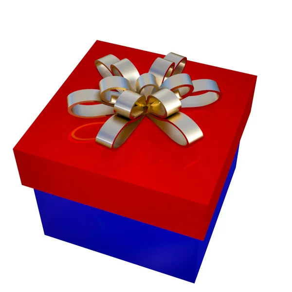 Caja de regalo azul y rojo con lazo dorado, 3d — Foto de Stock