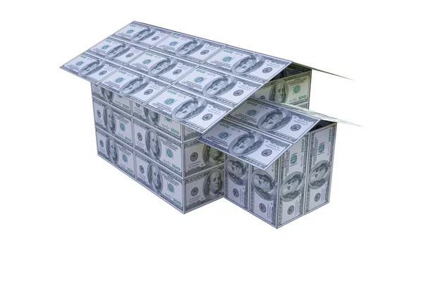 Casa construida con billetes de dólar, 3D . — Foto de Stock