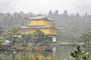 Kyoto, Japonya - 10 Mart 2014: Eski Japon altın kale, kış aylarında kar tapınakta Kinkakuji.