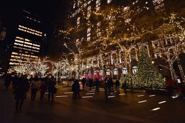 New York, ABD, 30 Kasım 2019. Zuccotti Parkı 'ndaki Noel ışıkları eski adıyla Liberty Plaza Parkı Aşağı Manhattan, New York' taki Dünya Ticaret Merkezleri Anıtı yakınlarında..