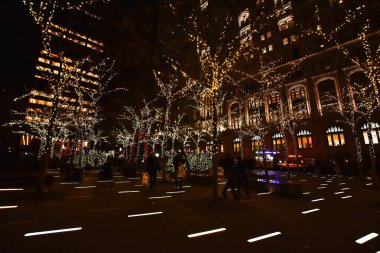 New York, ABD, 30 Kasım 2019. Zuccotti Parkı 'ndaki Noel ışıkları eski adıyla Liberty Plaza Parkı Aşağı Manhattan, New York' taki Dünya Ticaret Merkezleri Anıtı yakınlarında..
