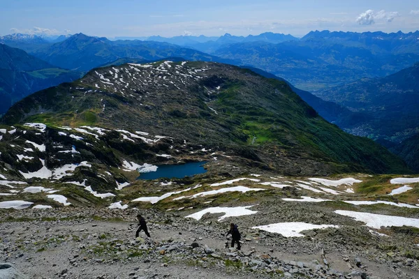 Vandring Breventbergen Med Vacker Breventsjö Haute Savoie Franska Alperna Chamonix — Stockfoto