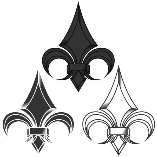 3つの異なるスタイル ユリの花の表現 中世の紋章で使用されるシンボルで金属様式でフルール リスのベクトルデザイン 白地の上に — ストックベクタ