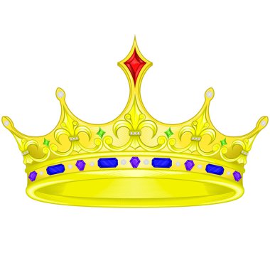 Altın kraliyet tacının elmaslı ve mücevherli vektör tasarımı, hepsi beyaz arka planda.