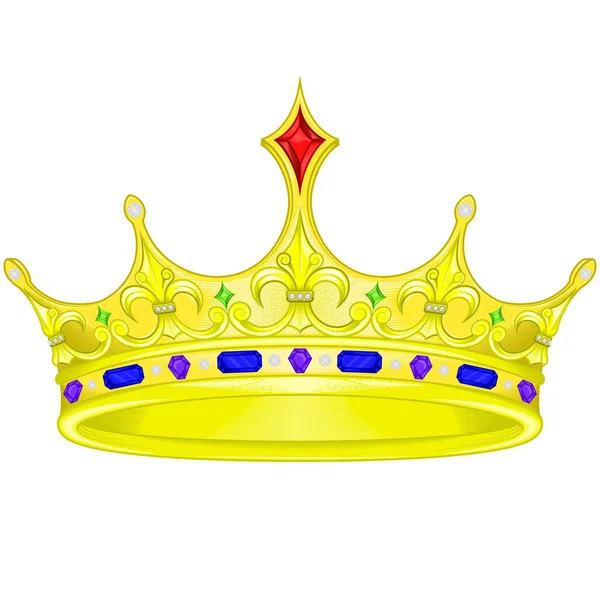 Altın kraliyet tacının elmaslı ve mücevherli vektör tasarımı, hepsi beyaz arka planda.