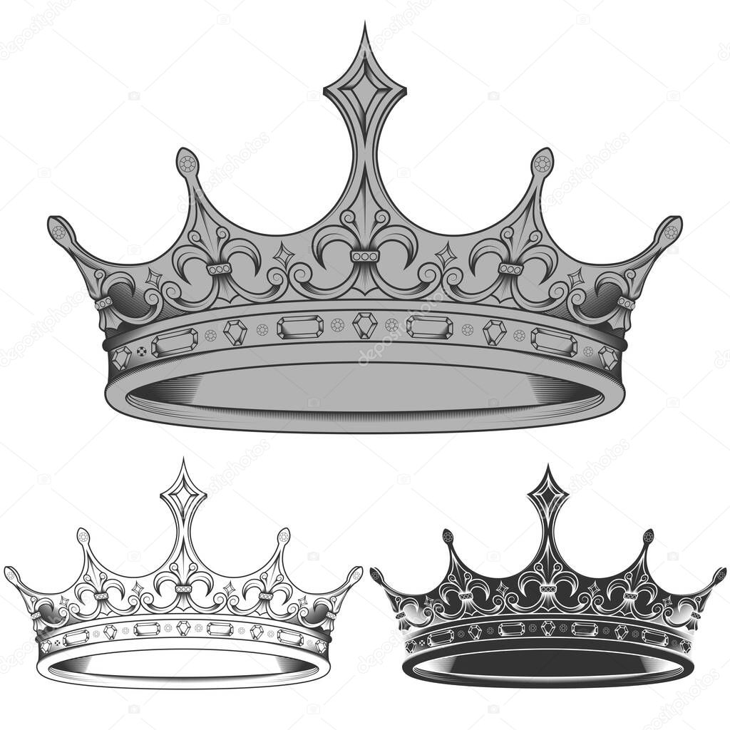 Vector design of black and white royal crown silhouettes, all on white background