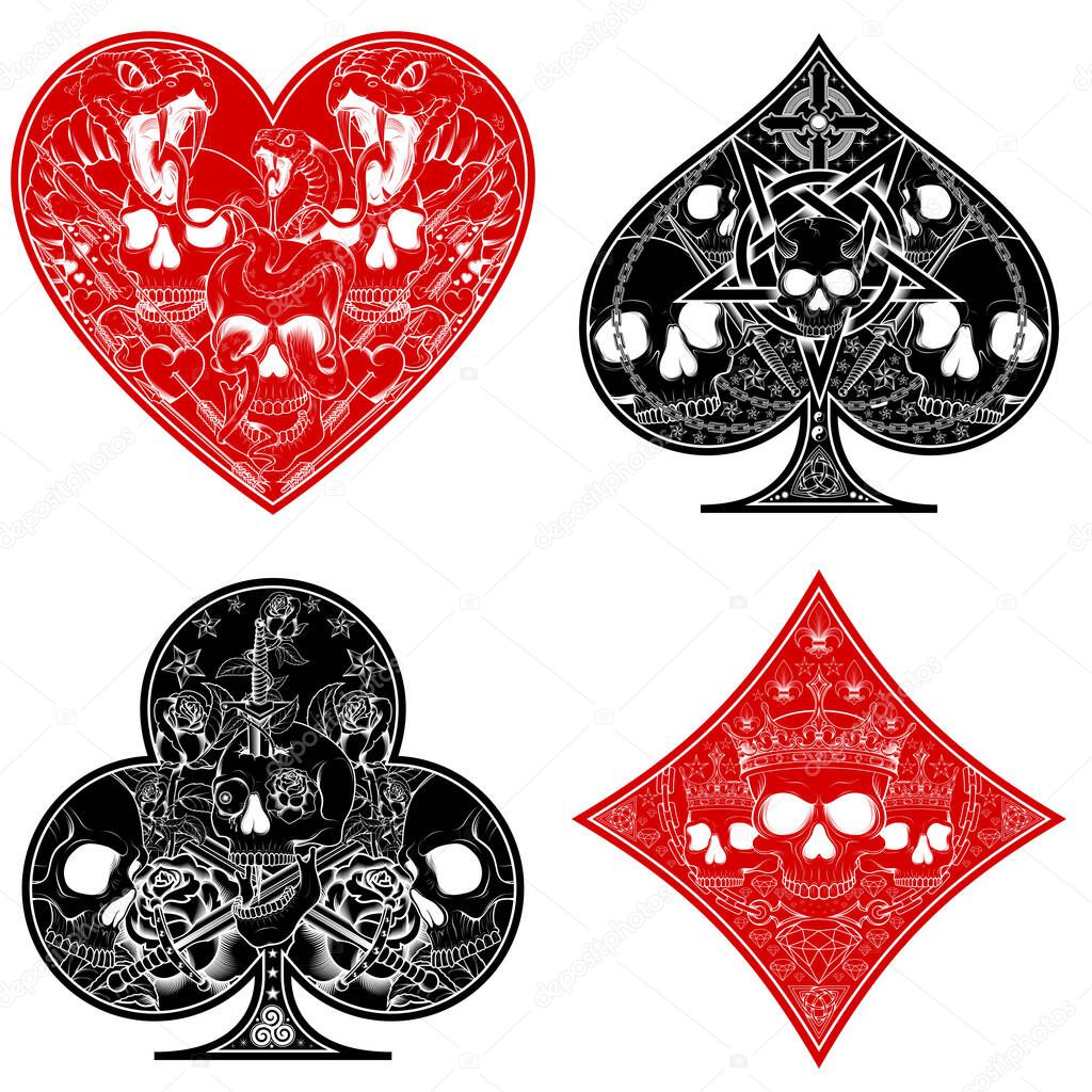 Vector design of heart, diamond, clover and ace poker symbols with different line styles.