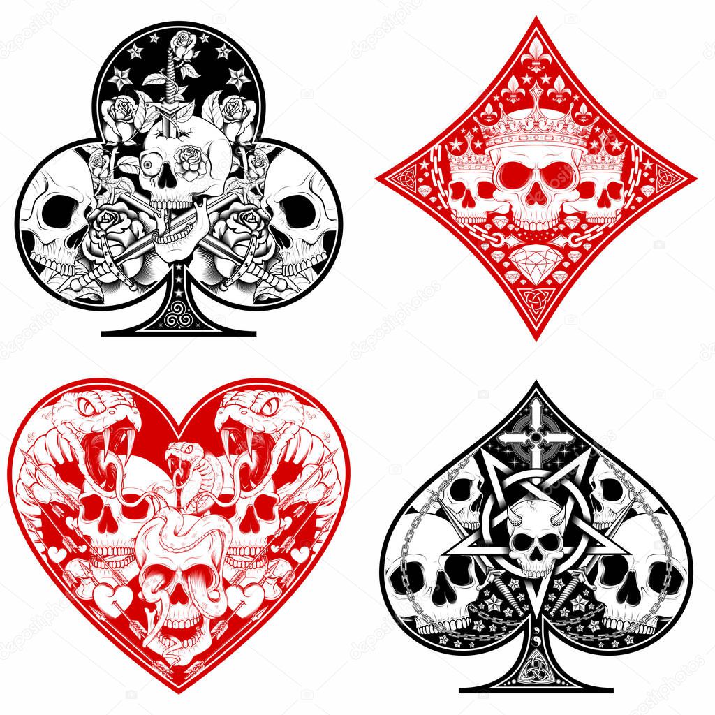 vector design of heart, diamond, clover and ace poker symbols with different skull designs.