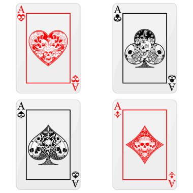 Kafataslı poker kartlarının vektör tasarımı, kalp, elmas, yonca ve farklı stillerde as sembolleri, hepsi beyaz arka planda..