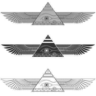 Siluet çizimi kanatlı piramit horus gözü, eski Mısır piramidi kanatlı, balkon ve siyah, gri pullu