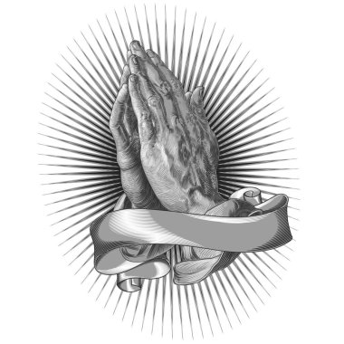 Dini mesajlar için parşömenlerle çevrili dua eden ellerin tasviri, bir azizin elleri parşömen ve gri pullu ilahi ışıkla dua eden.