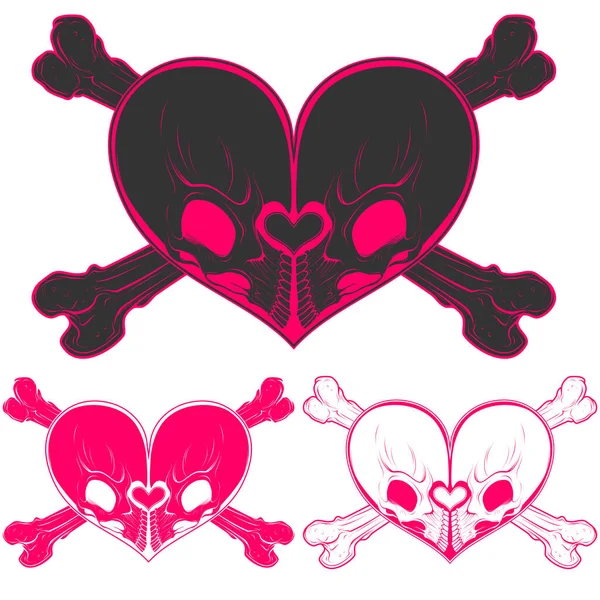 2つの心臓形の頭蓋骨のベクトルデザイン バレンタインデーの装飾 — ストックベクタ