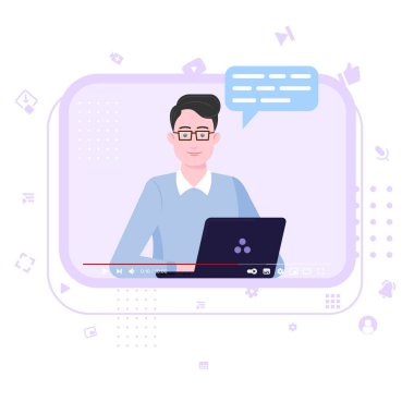Video öğretici vektör tasarımı, çevrimiçi video oynatıcı, Online kursta iletişimci, onun dizüstü bilgisayarını kullanan erkek nüfuzlu internet sitesi arayüzü